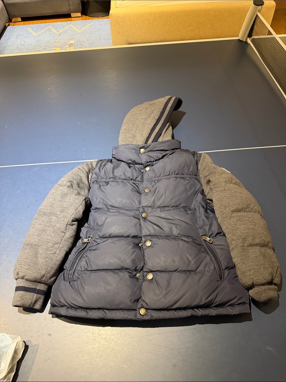 Moncler Navy Puffer Jacket with Gray Sleeves and Hood